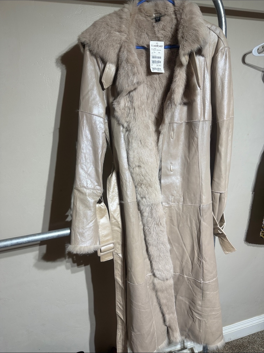 NWT Vintage Y2K Bebe Genuine Leather Long Trench Coat Rabbit Fur
